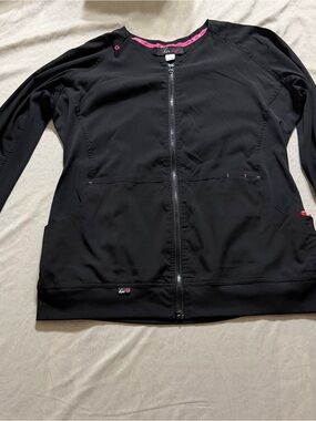 Koi Lite Black Zip Front Scrub Jacket XL Pink Accent Lightweight Stretch Medical